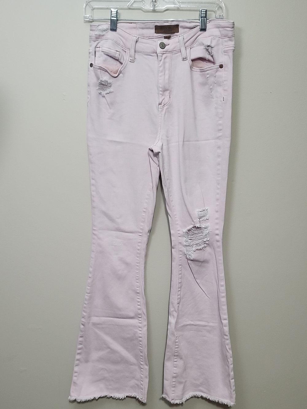 Judy Blue Pink Distressed Flare Jeans Raw Hem Garment Dyed Barbie Girlhood Retro